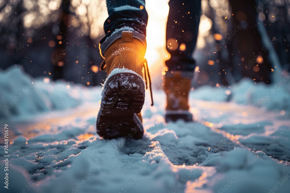 Les semelles de chaussures d'une personne marchant sur une route couverte de neige fondante, ?(C)clair?(C)e par le soleil hivernal. - obrazy, fototapety, plakaty 
