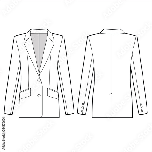 Women Two Button Blazer, Boyfriend Blazer, Single Breasted blazer, Shawl Lapel Blazer Sets Fashion Illustration, Vector, CAD, Technical Drawing, Flat Drawing, Template, Mockup.