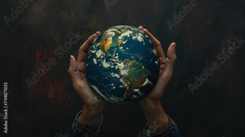 "Embracing Earth: Aerial View of Hands Holding Up the Globe, Stylish Black Background, Global Perspective."