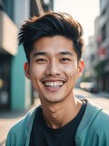 Young asian man with a radiant smile showcasing healthy, flawless teeth, symbolizing dental wellness from Generative AI