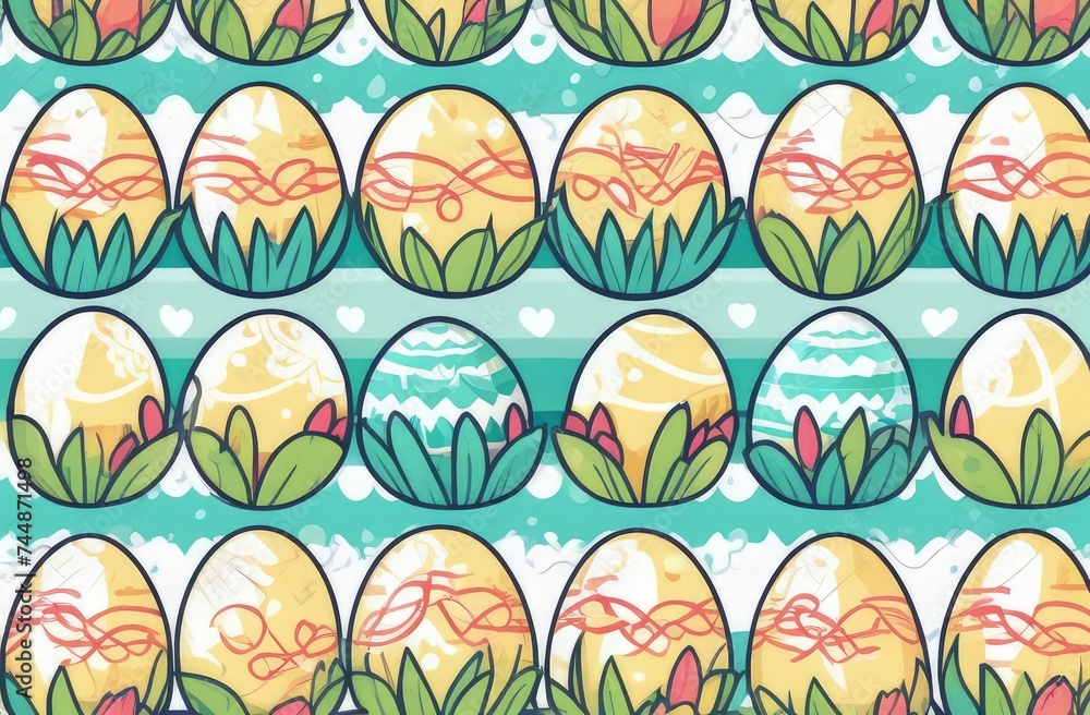 Holiday celebration banner with cute Easter decorated eggs and spring flowers on green spring meadow. Flowers in landscape. Happy Easter greeting card, banner, festive background.Copy space.