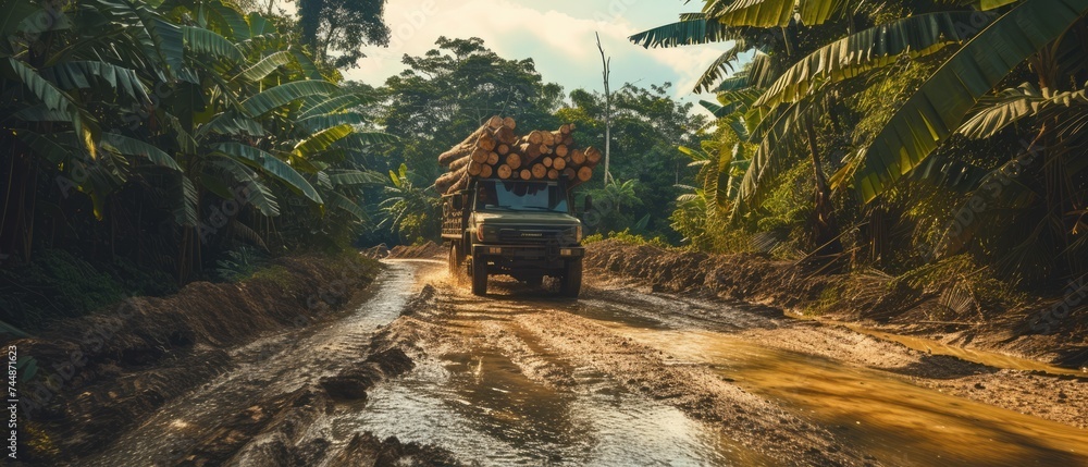 Timber truck carrying firewood in the jungle. Splashes, dirt, branches, stones. Off-road. Generative ai. Jungle. Heat - obrazy, fototapety, plakaty 
