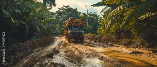 Timber truck carrying firewood in the jungle. Splashes, dirt, branches, stones. Off-road. Generative ai. Jungle. Heat