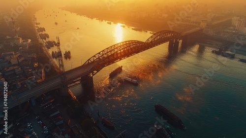 An aerial perspective of an architectural landmark bridge