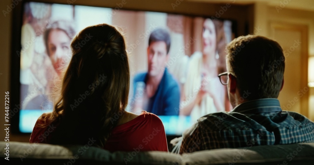 Couple watching a movie together at home. Back view. Couple watching a movie together at home. Back view.