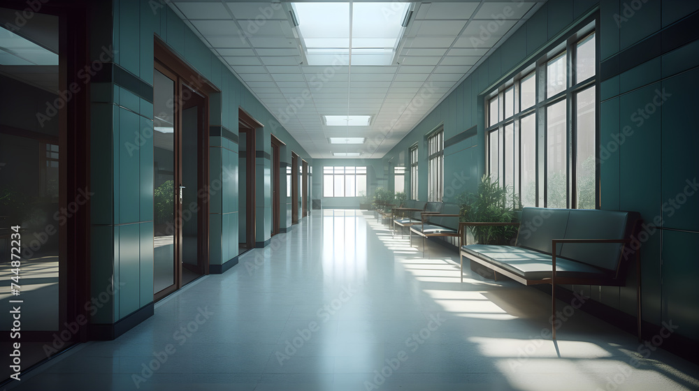 A spacious hospital hallway with benches, evoking a sense of balance through the interplay of geometric shapes and vibrant tones, skillfully combining cutting-edge rendering methods with timeless idea