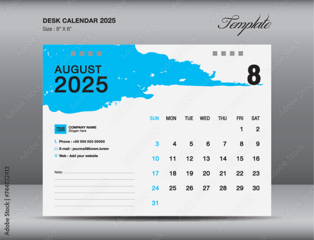 Desk calender 2025 design, August 2025 template, Calendar 2025 template, planner, simple, Wall calendar design, week starts on sunday, printing, advertiement, blue brushstroke background, vector Desk calender 2025 design, August 2025 template, Calendar 2025 template, planner, simple, Wall calendar design, week starts on sunday, printing, advertiement, blue brushstroke background, vector