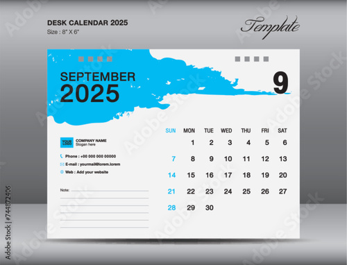 Desk calender 2025 design, December 2025 template, Calendar 2025 template, planner, simple, Wall calendar design, week starts on sunday, printing, advertiement, blue brushstroke background, vector