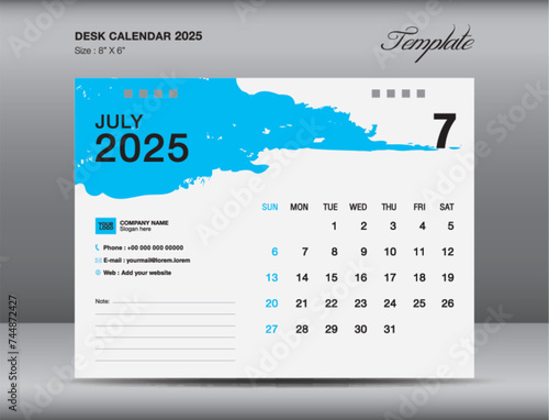 Desk calender 2025 design, July 2025 template, Calendar 2025 template, planner, simple, Wall calendar design, week starts on sunday, printing, advertiement, blue  brushstroke background, vector