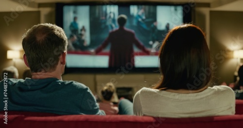 Couple together watching a movie in the theater. Back view. 