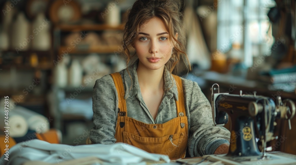 A woman is sitting at a table with a sewing machine, working on sewing fabric. A woman is sitting at a table with a sewing machine, working on sewing fabric.
