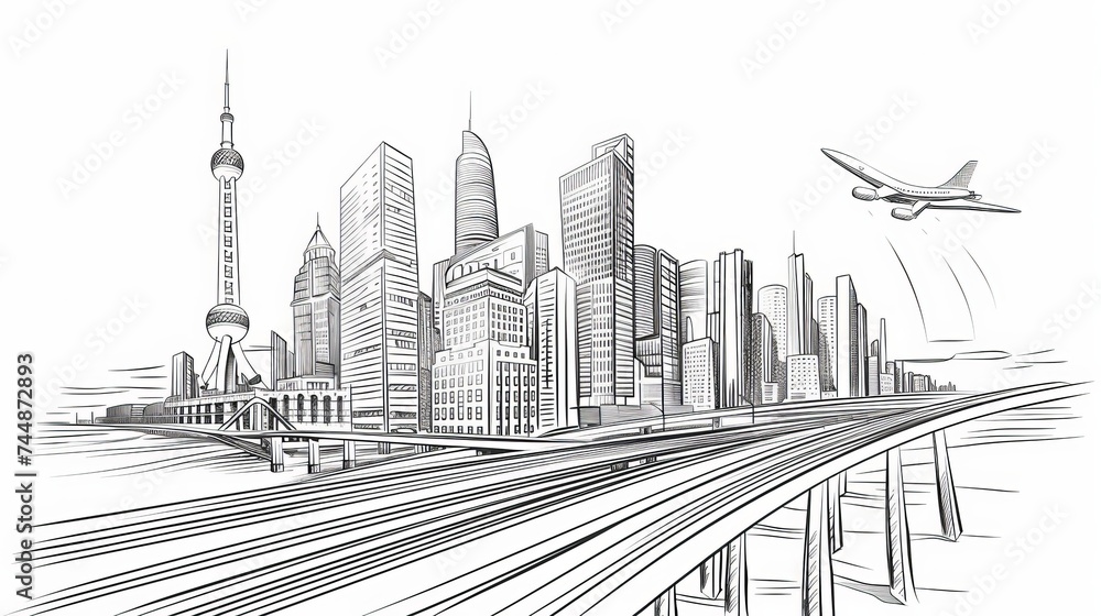 A vector illustration of a modern city with black outlines, including a highway, train on a bridge, towers, skyscrapers, business buildings, and a flying plane against a white background