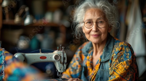 An old woman is focused on sewing with a machine in a well-lit room.