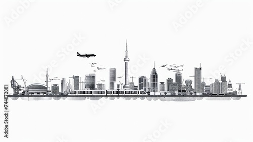 A vector illustration of a modern city with black outlines, including a highway, train on a bridge, towers, skyscrapers, business buildings, and a flying plane against a white background