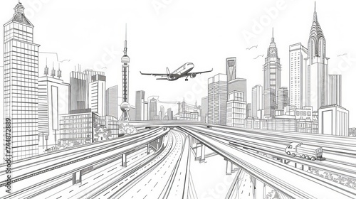 A vector illustration of a modern city with black outlines, including a highway, train on a bridge, towers, skyscrapers, business buildings, and a flying plane against a white background © Orxan