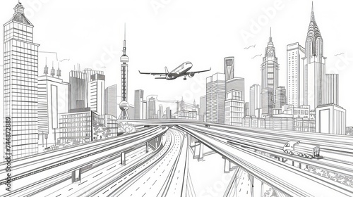 A vector illustration of a modern city with black outlines, including a highway, train on a bridge, towers, skyscrapers, business buildings, and a flying plane against a white background