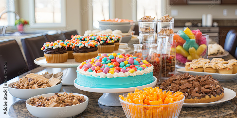An Easter Feast Table Graced with Flowers, Tempting Cakes, And Array of Beautifully Colored Est An Easter Feast Table Graced with Flowers, Tempting Cakes, And Array of Beautifully Colored Est