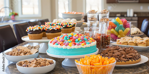 An Easter Feast Table Graced with Flowers, Tempting Cakes, And Array of Beautifully Colored Est photo
