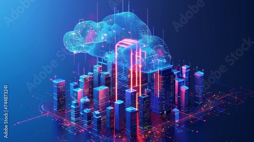 Cloud computing concept: smart city internet communication, cloud storage, and services, with data upload and download. A digital cloud hovers over a virtual smart city, symbolizing IoT technology photo
