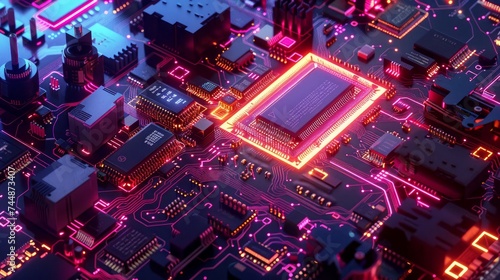 A computer CPU chip processes data on a motherboard, representing electronic microchip technology. Abstract tech concept banner covers themes such as blockchain, fintech, and artificial intelligence