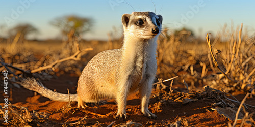 A curious meerkat standing alert on its hind legs, sandy desert stretching into the distance behi photo