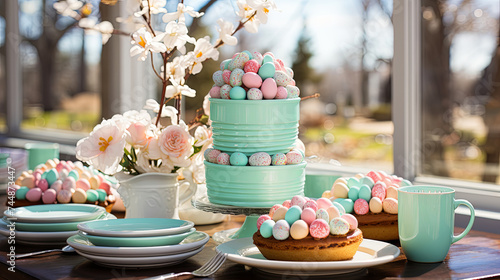 A Delightful Easter Table Presentation with Flowers, Mouthwatering Cakes, and Beautifully Ador photo