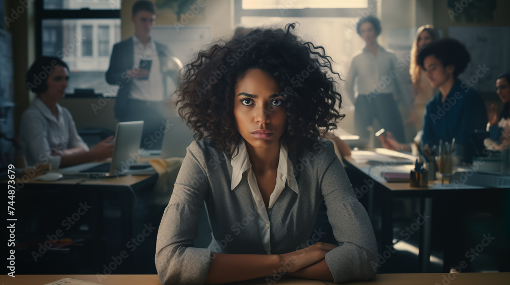 Black african american woman employee sitting in a desk  with a decisive look on her face at the office with her coworkers behind. - obrazy, fototapety, plakaty 