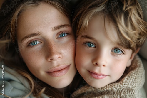 close up portrait of a young mother and son face, wearing neutral colours warm with bright and sitting in a simple luxury living room in springtime. generative AI
