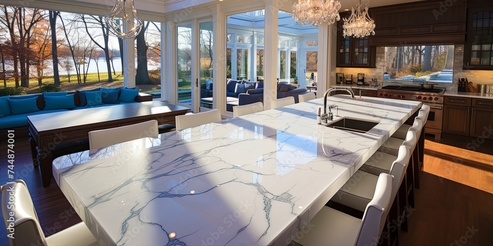 Fototapeta premium A MarblePatterned Kitchen CounterToP Providing A Sty! --chaos 100 --ar 2:1 --style raw --stylize