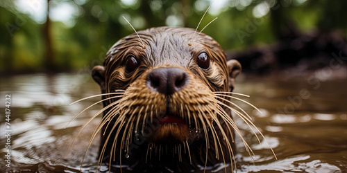 A playful otter floating on its back in a clear mountain stream, surrounded by lush greenery, photo