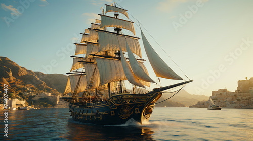 A Roman merchant ship sailing across the Mediterranean, its billowing sails carrying it towards photo
