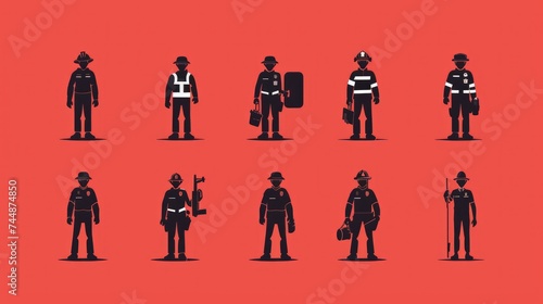 Stick figure pictogram various public safety and security jobs, including police officers, firefighters, EMTs, security guards, watchmen, bodyguards, soldiers, traffic officers, and detectives