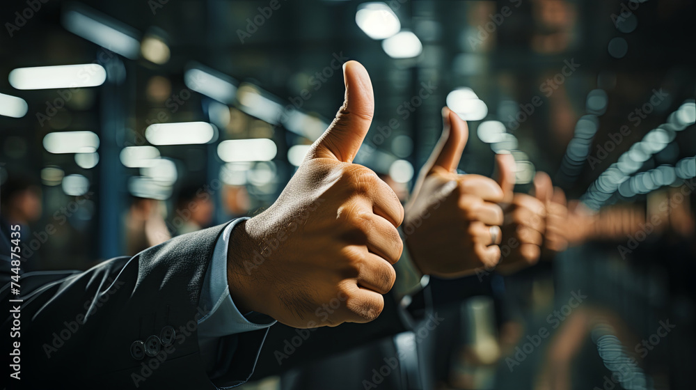 Business Associates Signify Approval and Consensus by Raising Their Thumbs in the Meetin - obrazy, fototapety, plakaty 