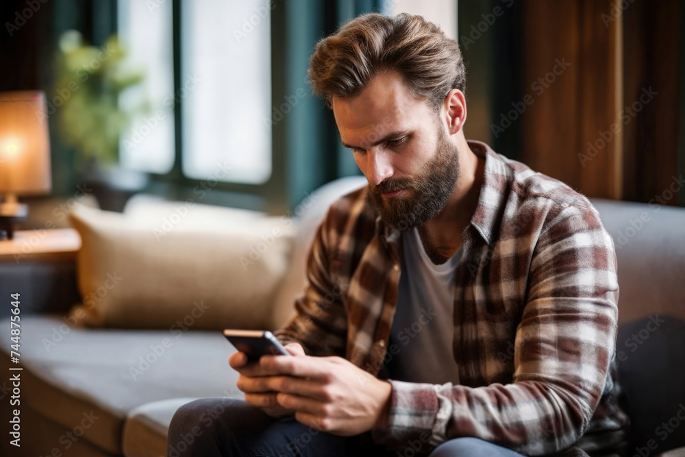 Focused Man Using Smartphone Indoors Focused Man Using Smartphone Indoors