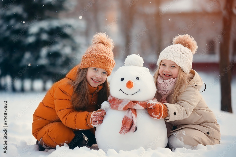 Children Enjoying Snowman Building in Winter Children Enjoying Snowman Building in Winter