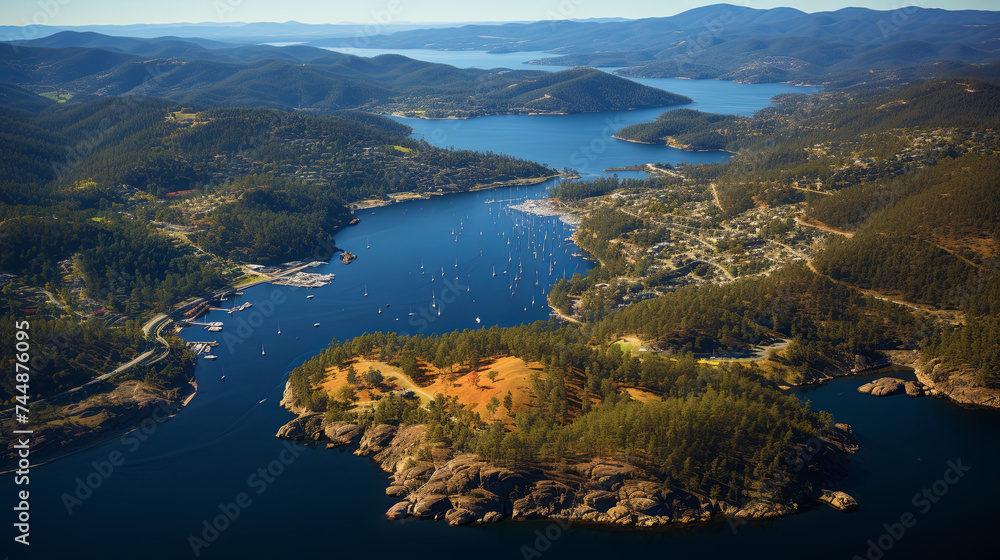 Obraz premium The Aerial Perspective Shows a Solar Park Afloat, Tapping Into the Energy Potential of the Water
