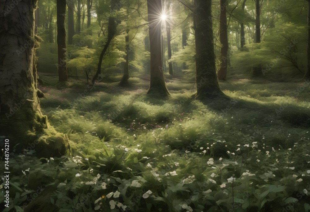 Obraz premium Early morning light streaming through forest