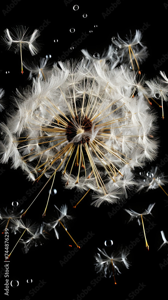 Fototapeta premium The delicate filaments of a dandelion seed, caught in a breeze and carried aloft on invisible c