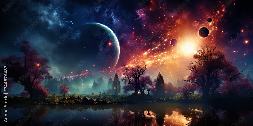 The Expanse of Outer Space Showcases a Space Landscape Adorned with Planets and Sta