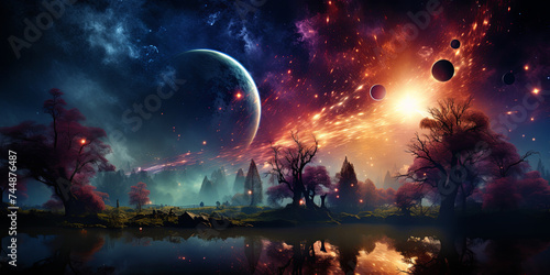 The Expanse of Outer Space Showcases a Space Landscape Adorned with Planets and Sta photo