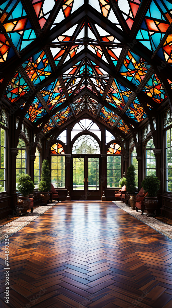 The rich, jeweltoned colors of a stained glass window, casting colorful patterns of light acros