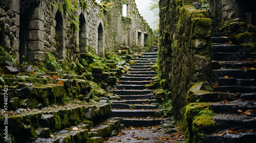 The rough  crumbly texture of ancient ruins  with moss and lichen clinging to weathered stone wal