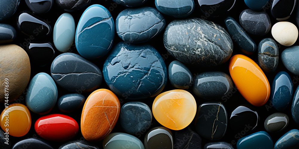 The smooth, glossy texture of a river rock, with waterworn pebbles polished to a high s The smooth, glossy texture of a river rock, with waterworn pebbles polished to a high s