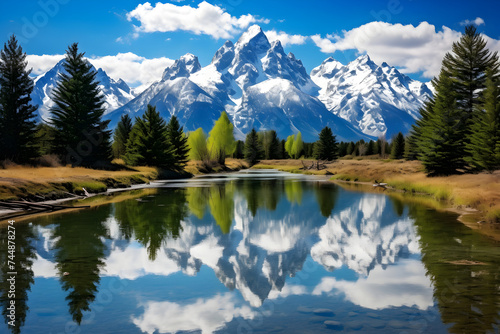 Breathtaking View of Snow-Capped Mountains, Pristine Lake, and Dense Forest under Blue Sky