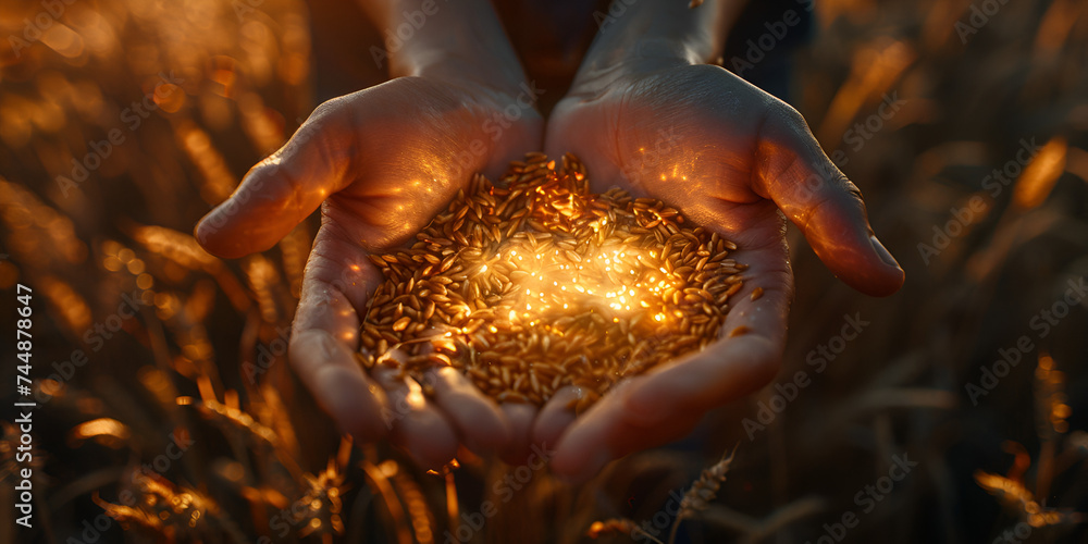 Hand Holding a Handful of Grain in a Field at Sunset Hardworking farmer reaching out hands to harvest golden wheat, a symbol of agricultural dedication. - obrazy, fototapety, plakaty 
