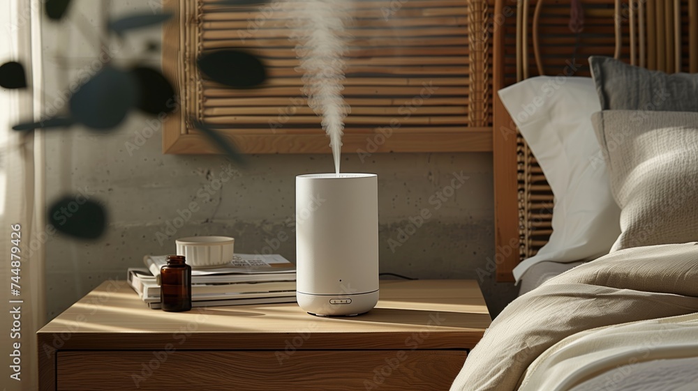 Humidifier in a cozy bedroom setting Humidifier in a cozy bedroom setting