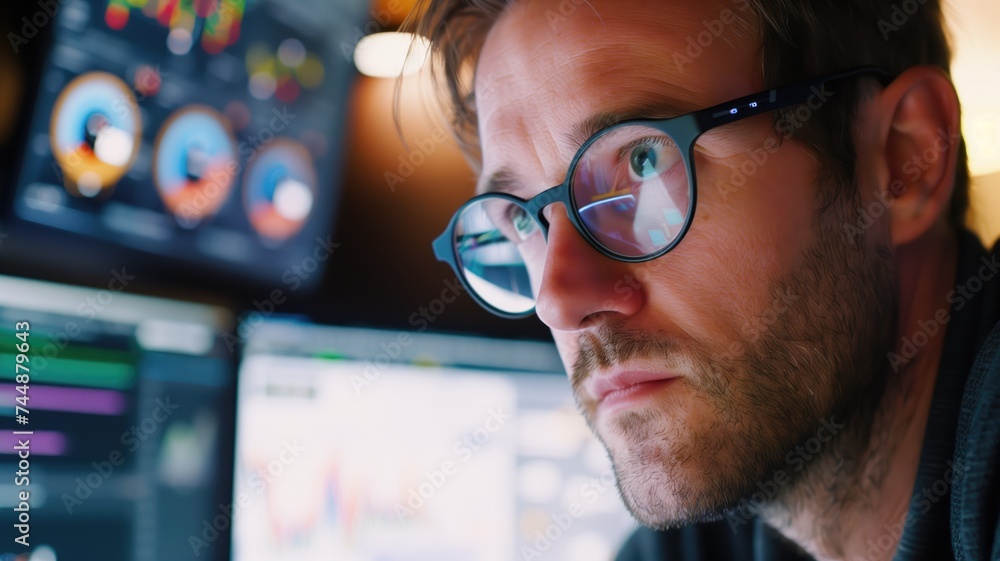 Focused man analyzing data on computer screens Focused man analyzing data on computer screens