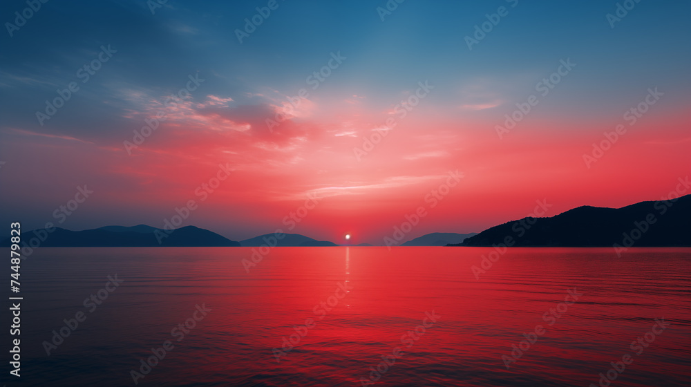 Exotic tropical sunset with red sky, sea and mountain silhouettes on the horizon
