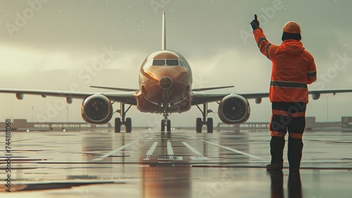 Ground crew guiding airplane on a rainy runway photo