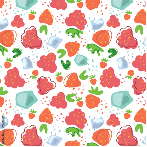 Abstract pattern with strawberry, Raspberries and ice cube pattern in flat style. Fresh Seamless pattern. Vector background. Summer time print. Lemonade wallpaper.